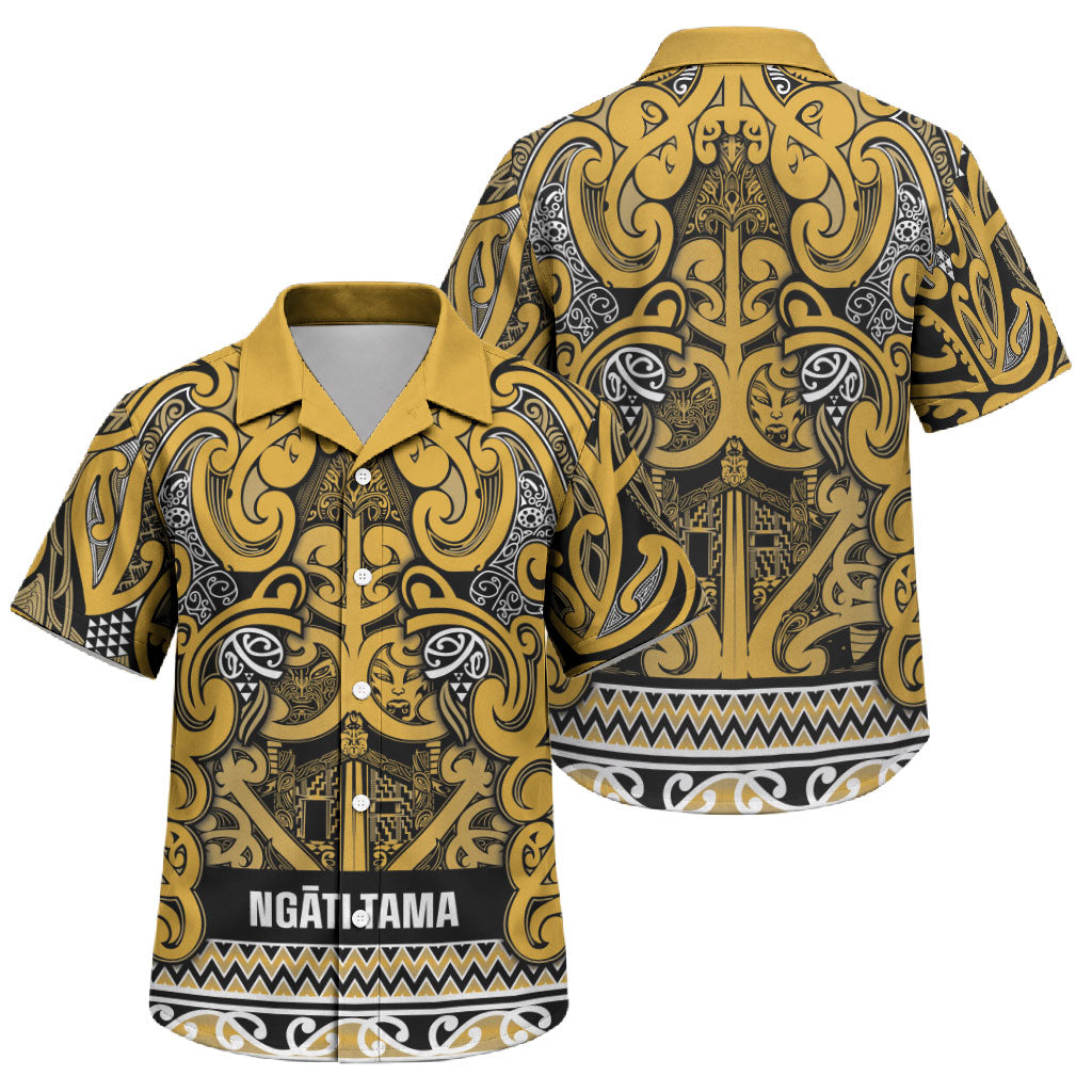 Aotearoa Iwi Ngāti Tama ki Te Waipounamu Trust Family Matching Tank Maxi Dress and Hawaiian Shirt Maori Wharenui House Tribal Pattern LT9 Son's Shirt Gold - Polynesian Pride
