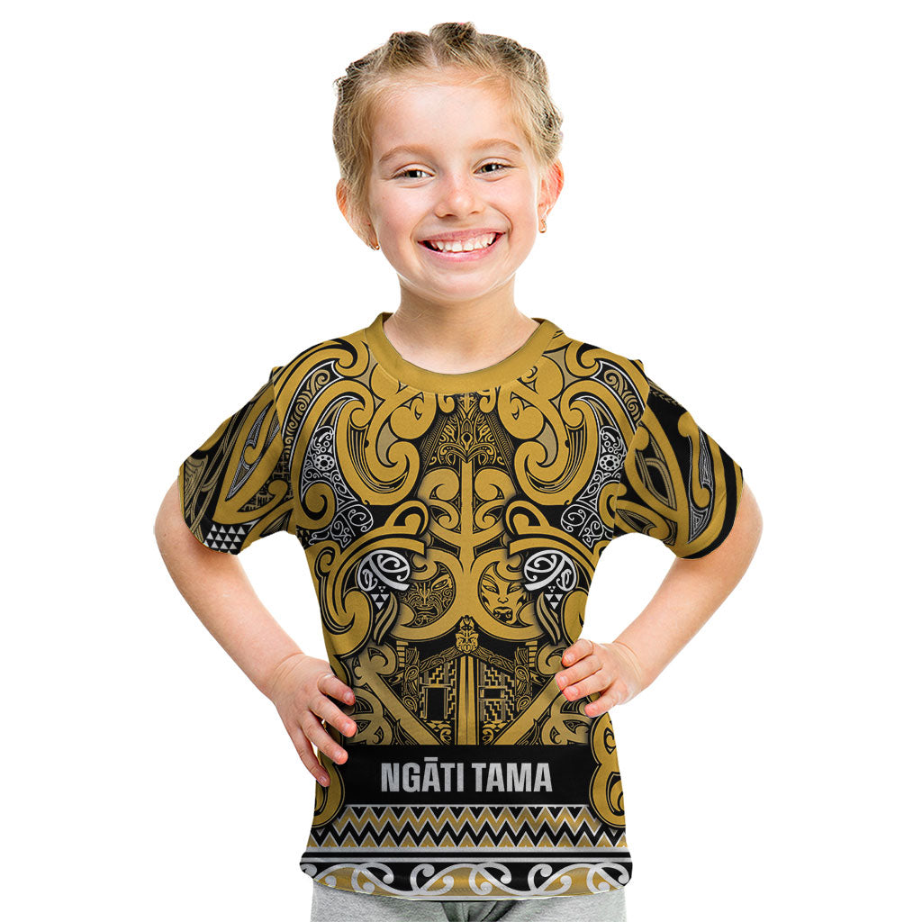 Aotearoa Iwi Ngāti Tama ki Te Waipounamu Trust Kid T Shirt Maori Wharenui House Tribal Pattern LT9 Gold - Polynesian Pride