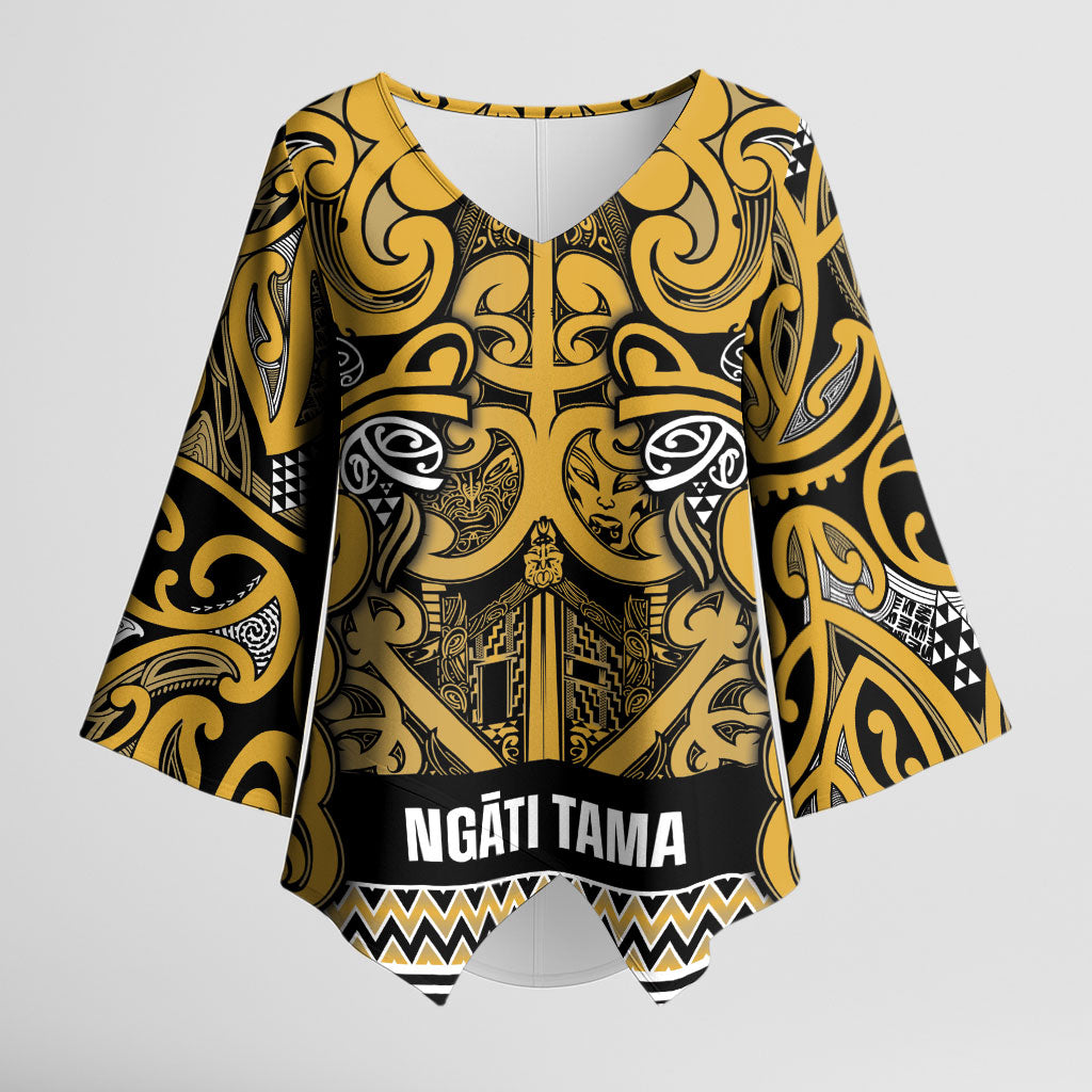 Aotearoa Iwi Ngāti Tama ki Te Waipounamu Trust Kimono Sleeve Blouse Maori Wharenui House Tribal Pattern LT9 Female Gold - Polynesian Pride