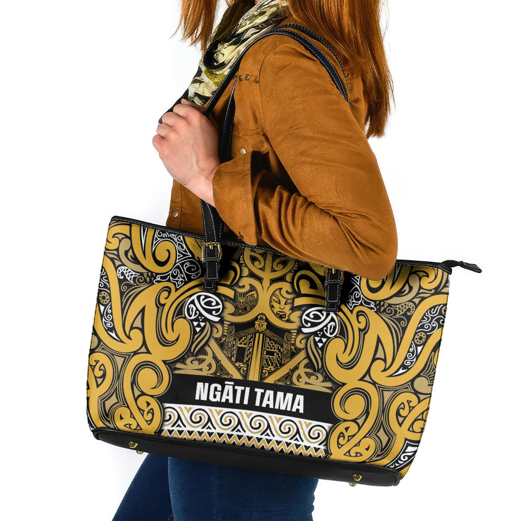Aotearoa Iwi Ngāti Tama ki Te Waipounamu Trust Leather Tote Bag Maori Wharenui House Tribal Pattern LT9 Gold - Polynesian Pride