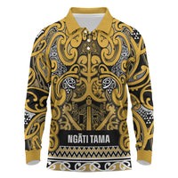 Aotearoa Iwi Ngāti Tama ki Te Waipounamu Trust Long Sleeve Polo Shirt Maori Wharenui House Tribal Pattern LT9 Gold - Polynesian Pride
