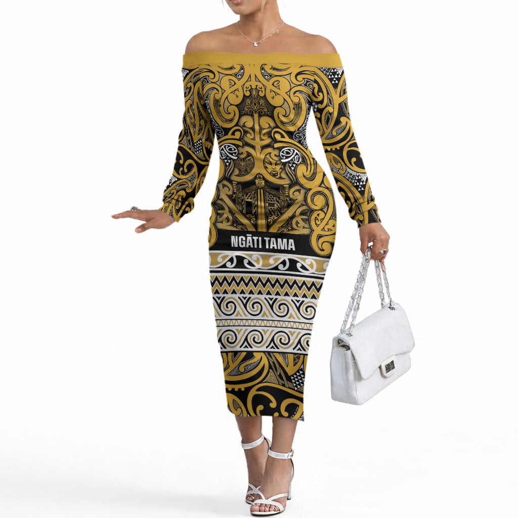 Aotearoa Iwi Ngāti Tama ki Te Waipounamu Trust Off The Shoulder Long Sleeve Dress Maori Wharenui House Tribal Pattern LT9 Women Gold - Polynesian Pride