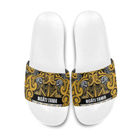 Aotearoa Iwi Ngāti Tama ki Te Waipounamu Trust Slide Sandals Maori Wharenui House Tribal Pattern LT9 Gold - Polynesian Pride