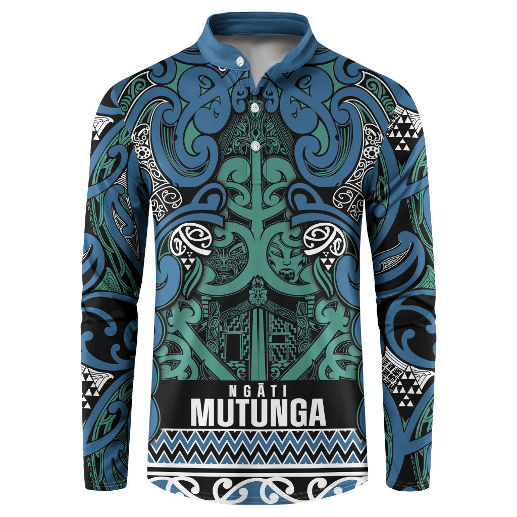 Aotearoa Iwi Ngati Mutunga Button Sweatshirt Maori Wharenui House Tribal Pattern LT9 Ocean Blue - Polynesian Pride