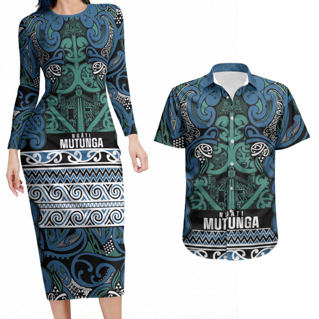 Aotearoa Iwi Ngati Mutunga Couples Matching Long Sleeve Bodycon Dress and Hawaiian Shirt Maori Wharenui House Tribal Pattern LT9 Ocean Blue - Polynesian Pride