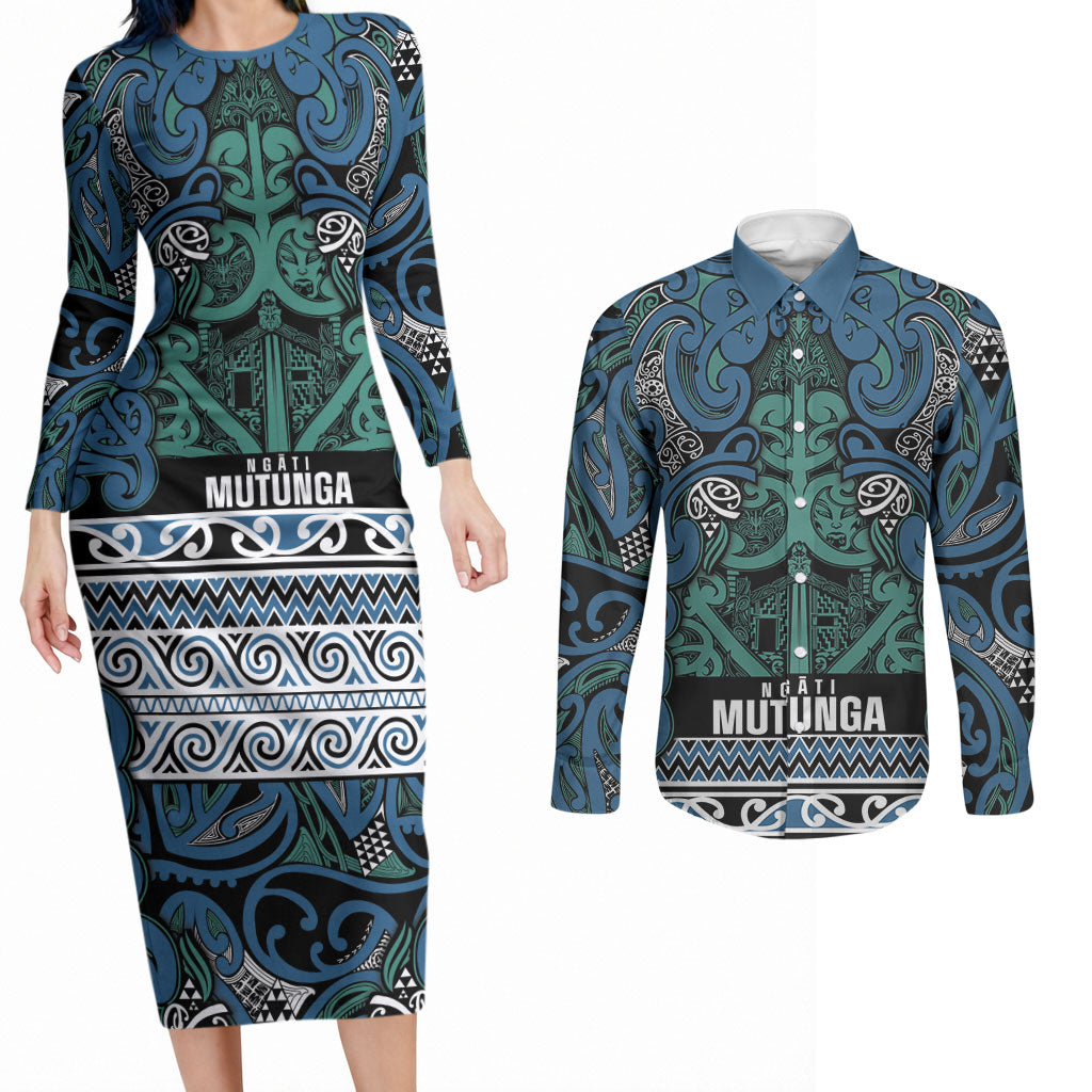 Aotearoa Iwi Ngati Mutunga Couples Matching Long Sleeve Bodycon Dress and Long Sleeve Button Shirt Maori Wharenui House Tribal Pattern LT9 Ocean Blue - Polynesian Pride