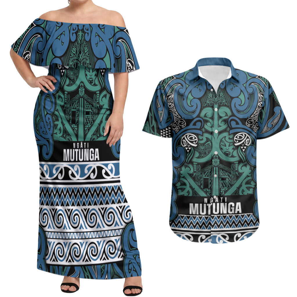 Aotearoa Iwi Ngati Mutunga Couples Matching Off Shoulder Maxi Dress and Hawaiian Shirt Maori Wharenui House Tribal Pattern LT9 Ocean Blue - Polynesian Pride