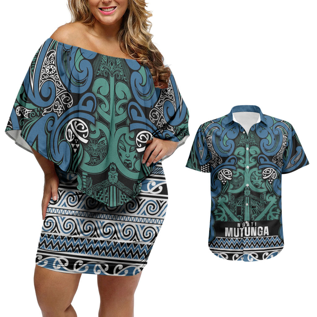Aotearoa Iwi Ngati Mutunga Couples Matching Off Shoulder Short Dress and Hawaiian Shirt Maori Wharenui House Tribal Pattern LT9 Ocean Blue - Polynesian Pride