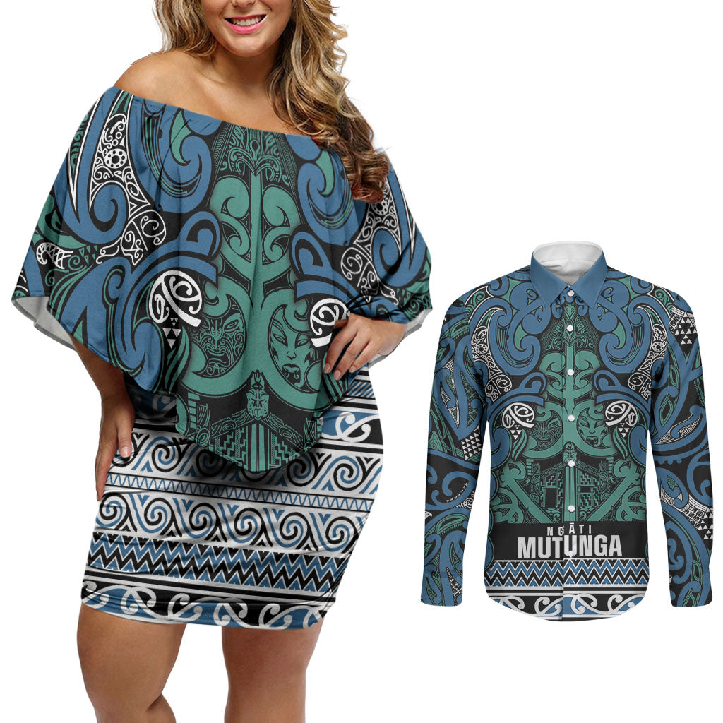Aotearoa Iwi Ngati Mutunga Couples Matching Off Shoulder Short Dress and Long Sleeve Button Shirt Maori Wharenui House Tribal Pattern LT9 Ocean Blue - Polynesian Pride