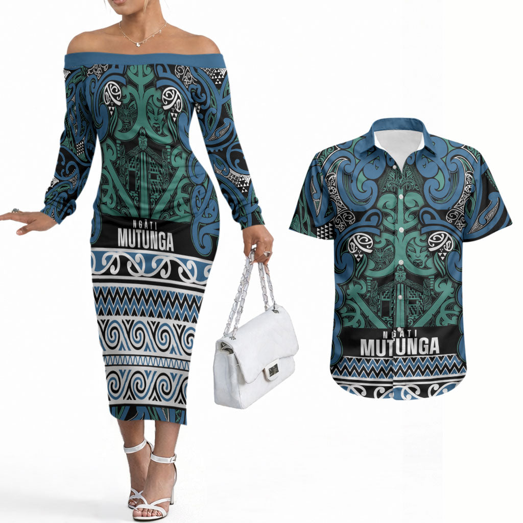 Aotearoa Iwi Ngati Mutunga Couples Matching Off The Shoulder Long Sleeve Dress and Hawaiian Shirt Maori Wharenui House Tribal Pattern LT9 Ocean Blue - Polynesian Pride
