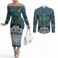 Aotearoa Iwi Ngati Mutunga Couples Matching Off The Shoulder Long Sleeve Dress and Long Sleeve Button Shirt Maori Wharenui House Tribal Pattern LT9 Ocean Blue - Polynesian Pride
