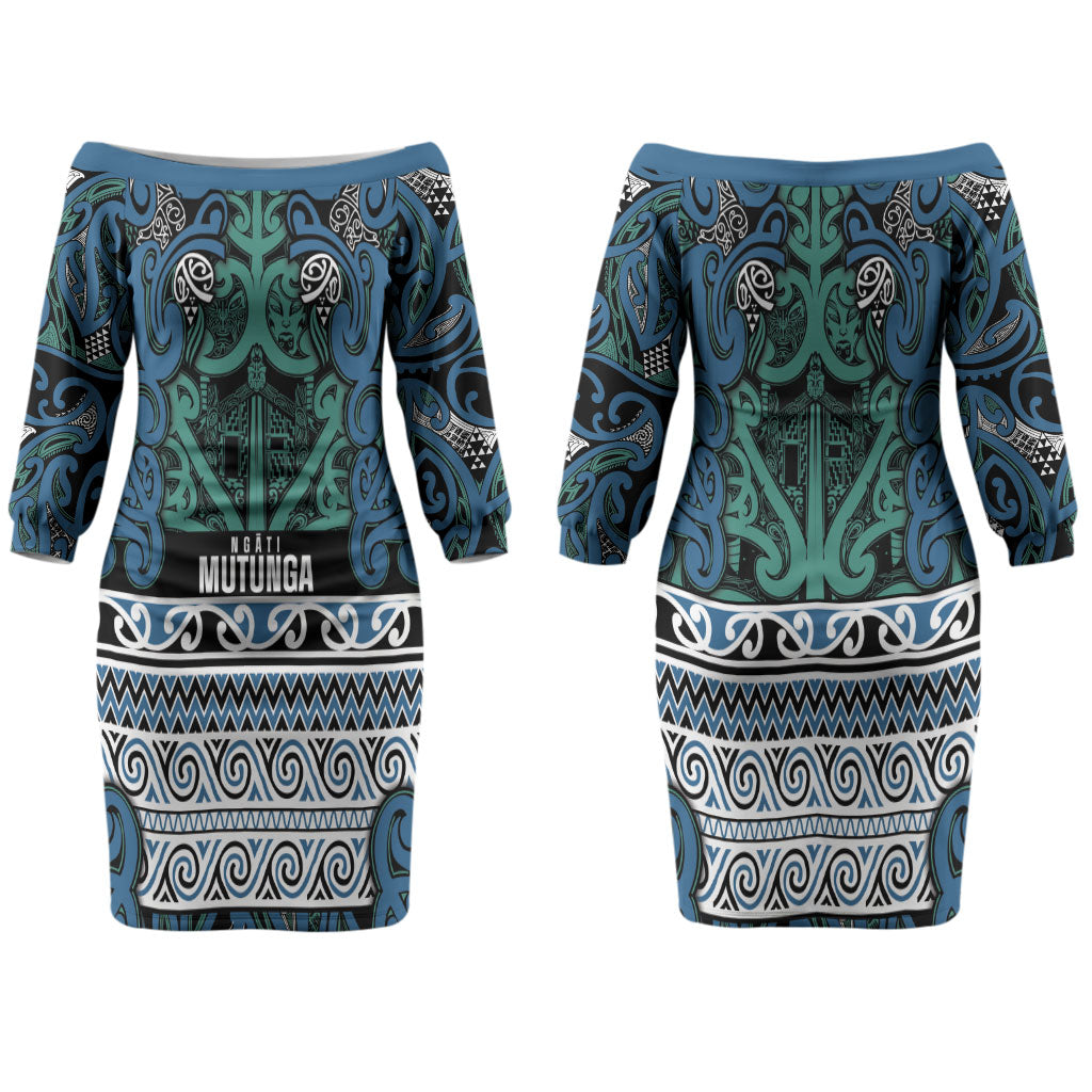 Aotearoa Iwi Ngati Mutunga Couples Matching Off The Shoulder Long Sleeve Dress and Long Sleeve Button Shirt Maori Wharenui House Tribal Pattern LT9 - Polynesian Pride