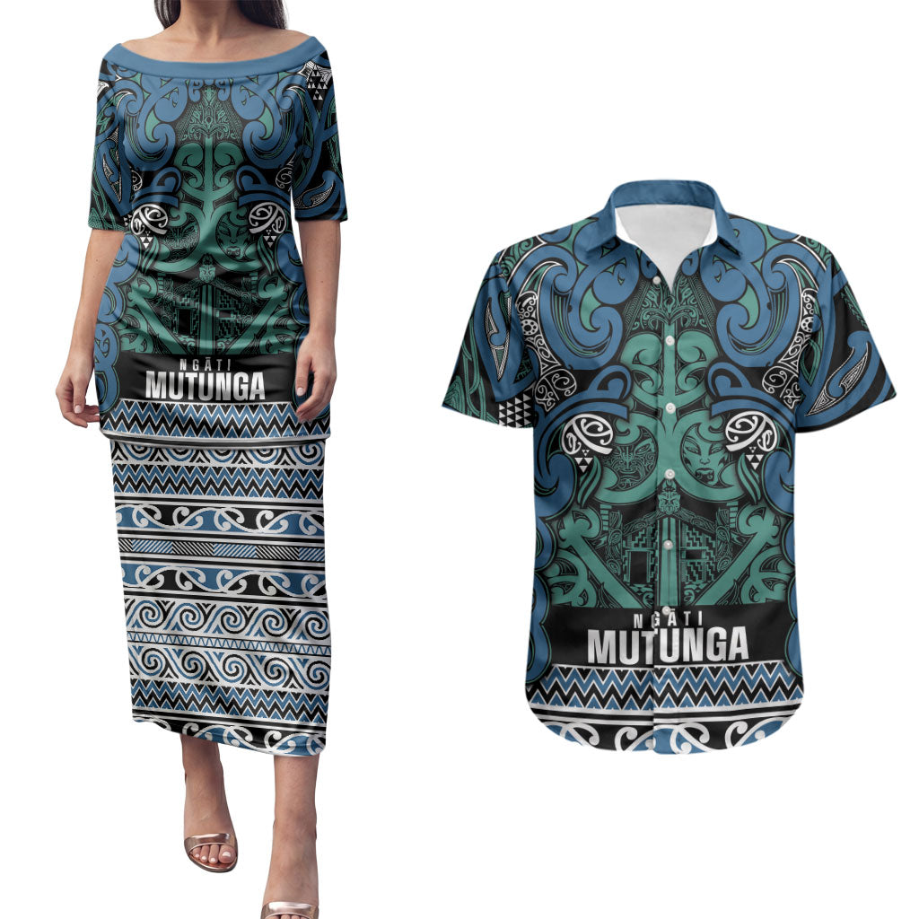Aotearoa Iwi Ngati Mutunga Couples Matching Puletasi and Hawaiian Shirt Maori Wharenui House Tribal Pattern LT9 Ocean Blue - Polynesian Pride