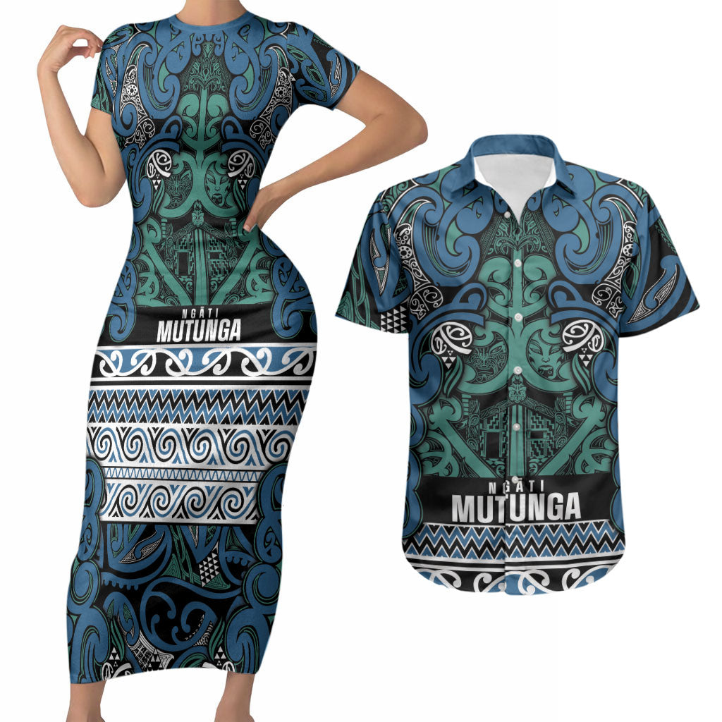 Aotearoa Iwi Ngati Mutunga Couples Matching Short Sleeve Bodycon Dress and Hawaiian Shirt Maori Wharenui House Tribal Pattern LT9 Ocean Blue - Polynesian Pride