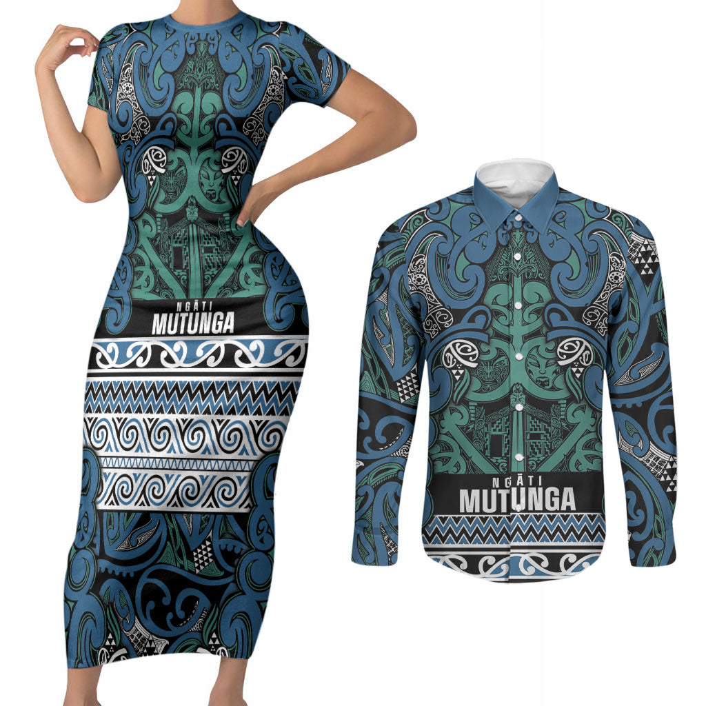Aotearoa Iwi Ngati Mutunga Couples Matching Short Sleeve Bodycon Dress and Long Sleeve Button Shirt Maori Wharenui House Tribal Pattern LT9 Ocean Blue - Polynesian Pride