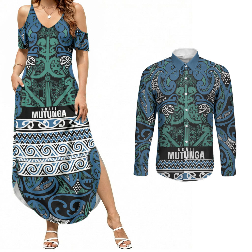 Aotearoa Iwi Ngati Mutunga Couples Matching Summer Maxi Dress and Long Sleeve Button Shirt Maori Wharenui House Tribal Pattern LT9 Ocean Blue - Polynesian Pride