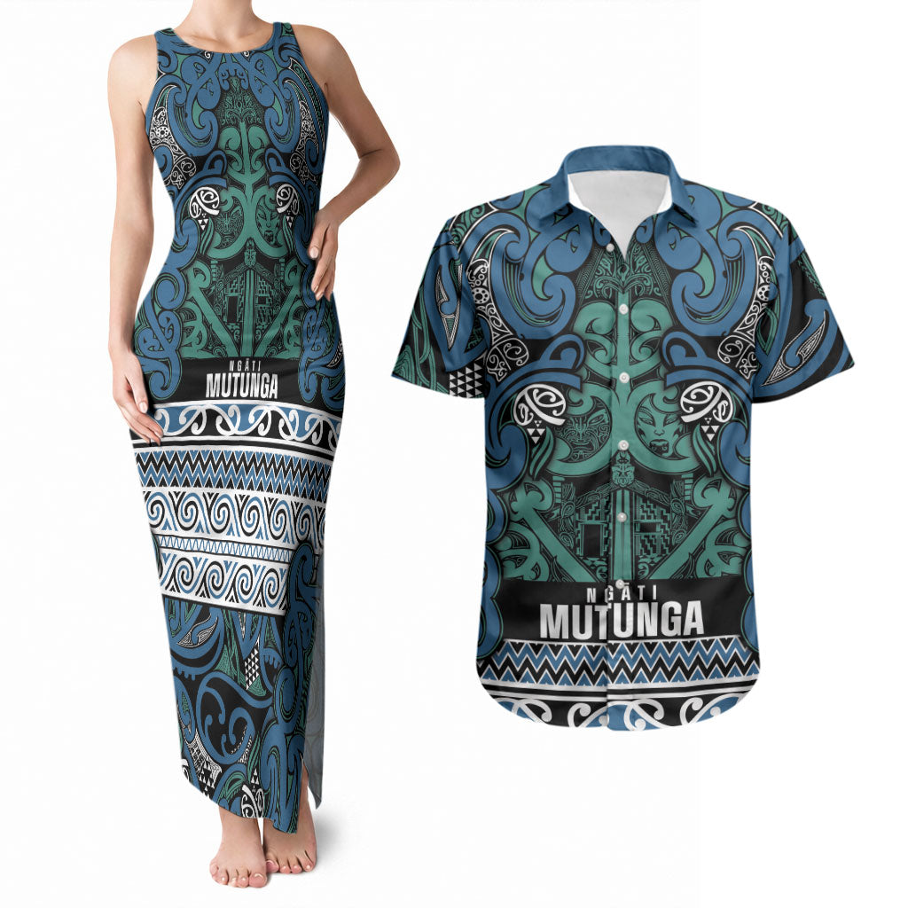 Aotearoa Iwi Ngati Mutunga Couples Matching Tank Maxi Dress and Hawaiian Shirt Maori Wharenui House Tribal Pattern LT9 Ocean Blue - Polynesian Pride