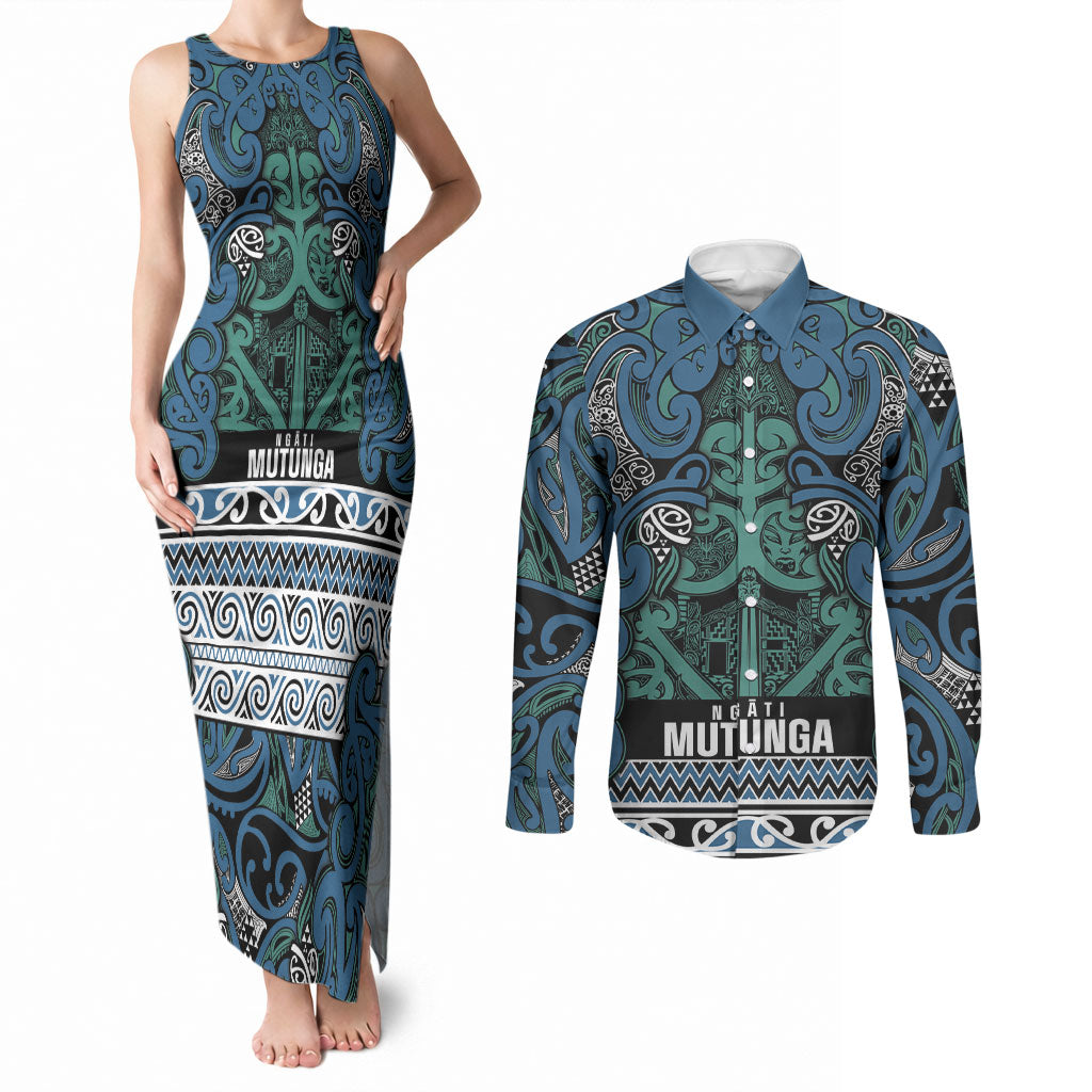 Aotearoa Iwi Ngati Mutunga Couples Matching Tank Maxi Dress and Long Sleeve Button Shirt Maori Wharenui House Tribal Pattern LT9 Ocean Blue - Polynesian Pride