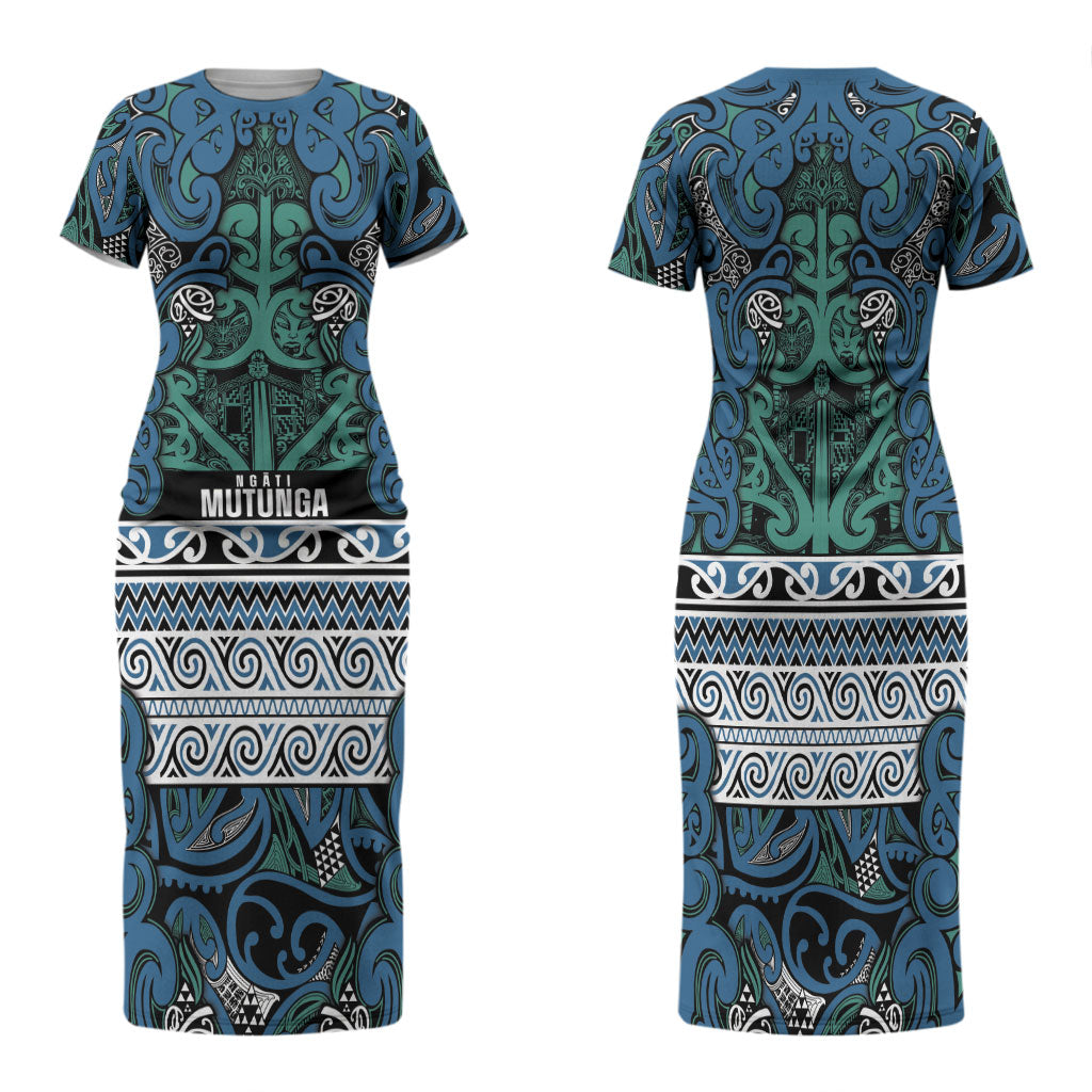 Aotearoa Iwi Ngati Mutunga Family Matching Short Sleeve Bodycon Dress and Hawaiian Shirt Maori Wharenui House Tribal Pattern LT9 Mom's Dress Ocean Blue - Polynesian Pride