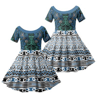 Aotearoa Iwi Ngati Mutunga Family Matching Short Sleeve Bodycon Dress and Hawaiian Shirt Maori Wharenui House Tribal Pattern LT9 Daughter's Dress Ocean Blue - Polynesian Pride