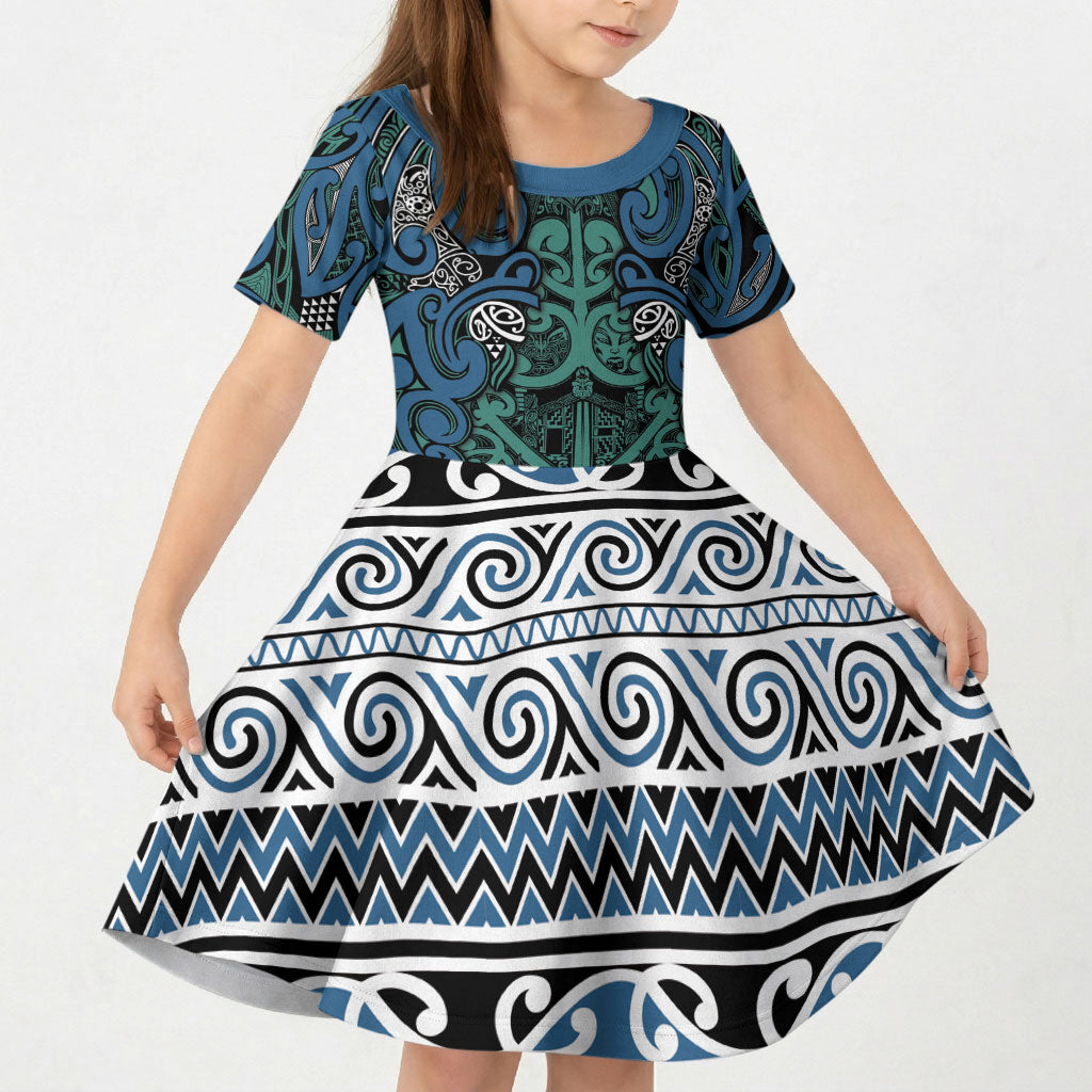 Aotearoa Iwi Ngati Mutunga Kid Short Sleeve Dress Maori Wharenui House Tribal Pattern LT9 KID Ocean Blue - Polynesian Pride