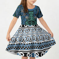Aotearoa Iwi Ngati Mutunga Kid Short Sleeve Dress Maori Wharenui House Tribal Pattern LT9 KID Ocean Blue - Polynesian Pride
