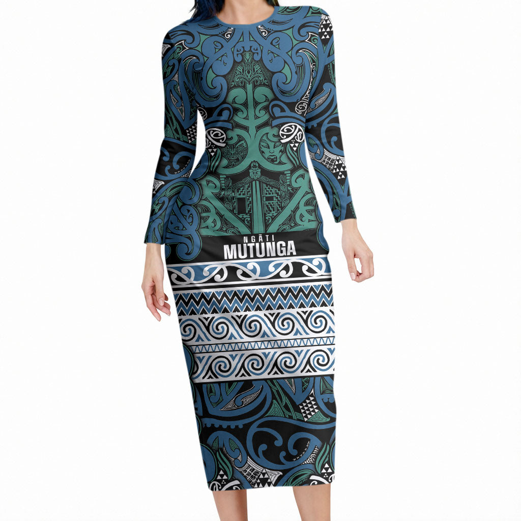 Aotearoa Iwi Ngati Mutunga Long Sleeve Bodycon Dress Maori Wharenui House Tribal Pattern LT9 Long Dress Ocean Blue - Polynesian Pride
