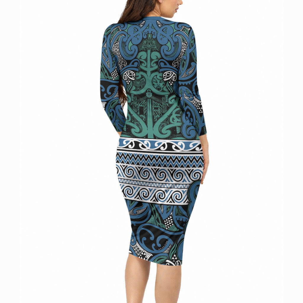 Aotearoa Iwi Ngati Mutunga Long Sleeve Bodycon Dress Maori Wharenui House Tribal Pattern LT9 - Polynesian Pride