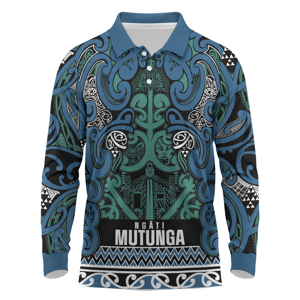 Aotearoa Iwi Ngati Mutunga Long Sleeve Polo Shirt Maori Wharenui House Tribal Pattern LT9 Ocean Blue - Polynesian Pride
