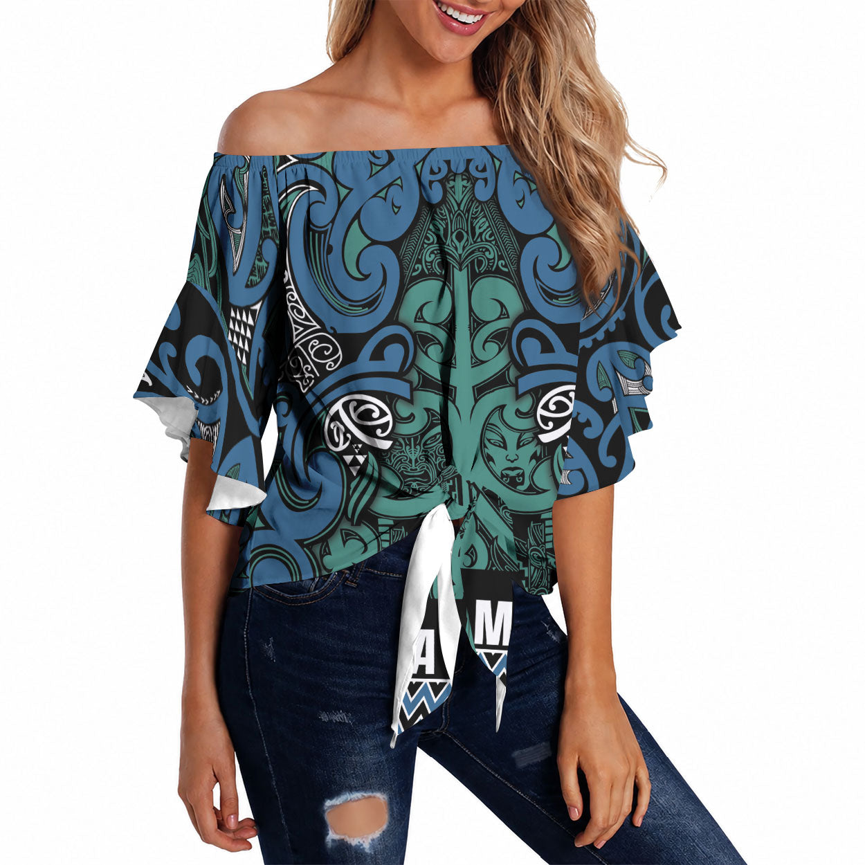 Aotearoa Iwi Ngati Mutunga Off Shoulder Wrap Waist Top Maori Wharenui House Tribal Pattern LT9 Ocean Blue - Polynesian Pride