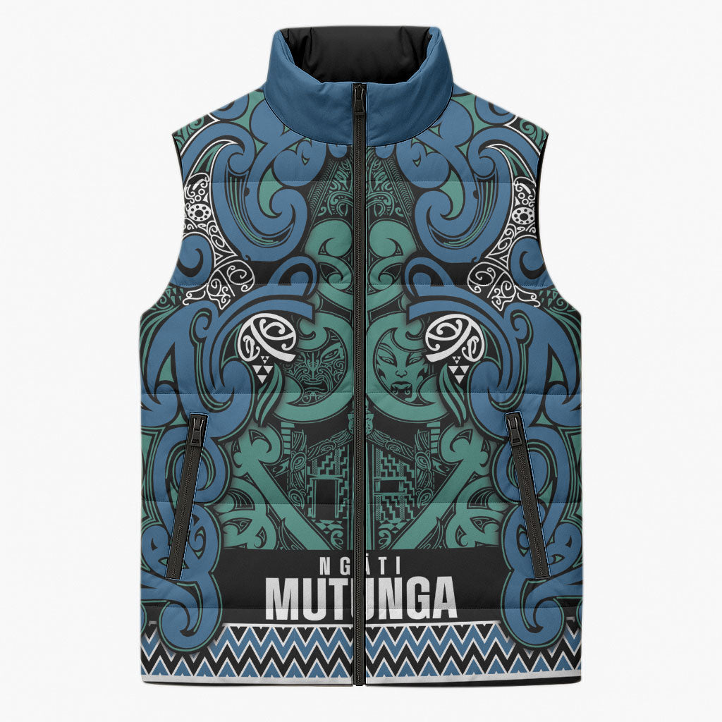 Aotearoa Iwi Ngati Mutunga Sleeveless Puffer Jacket Maori Wharenui House Tribal Pattern LT9 Unisex Ocean Blue - Polynesian Pride