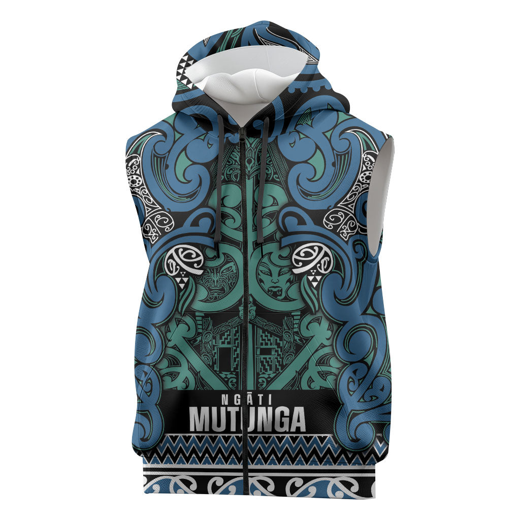 Aotearoa Iwi Ngati Mutunga Sleeveless Zip Hoodie Maori Wharenui House Tribal Pattern LT9 Ocean Blue - Polynesian Pride