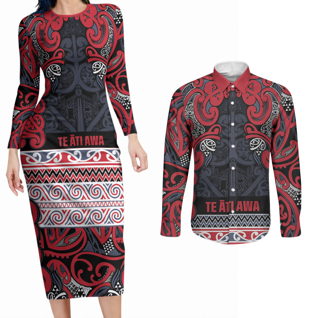 Aotearoa Iwi Te ati Awa Couples Matching Long Sleeve Bodycon Dress and Long Sleeve Button Shirt Maori Wharenui House Tribal Pattern LT9 Bright Red - Polynesian Pride
