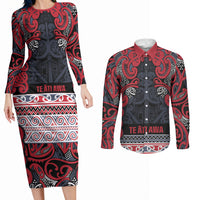Aotearoa Iwi Te ati Awa Couples Matching Long Sleeve Bodycon Dress and Long Sleeve Button Shirt Maori Wharenui House Tribal Pattern LT9 Bright Red - Polynesian Pride