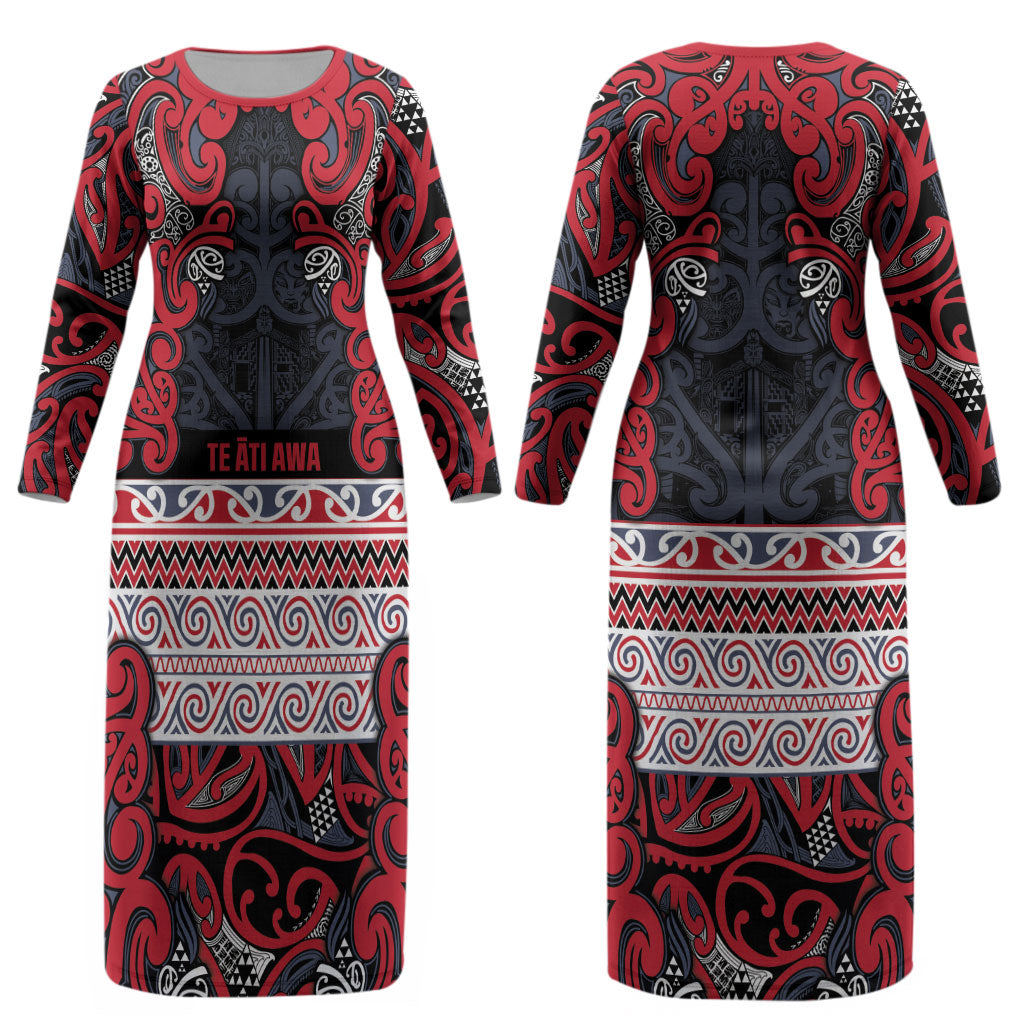 Aotearoa Iwi Te ati Awa Couples Matching Long Sleeve Bodycon Dress and Long Sleeve Button Shirt Maori Wharenui House Tribal Pattern LT9 - Polynesian Pride