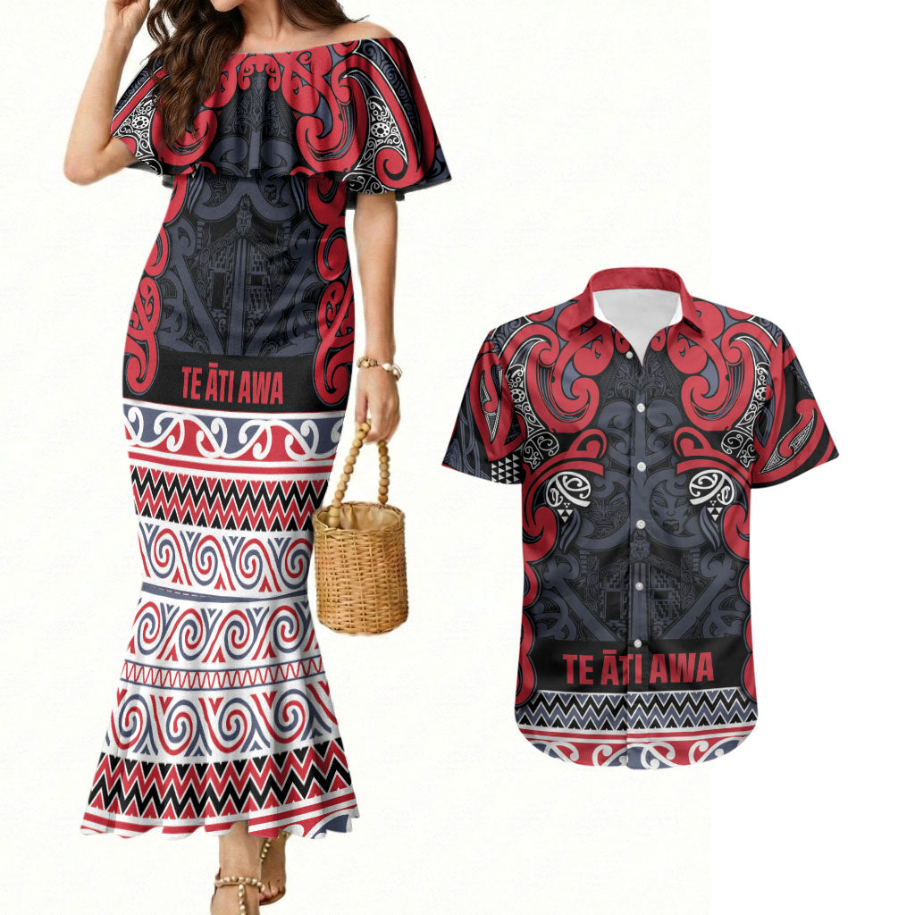 Aotearoa Iwi Te ati Awa Couples Matching Mermaid Dress and Hawaiian Shirt Maori Wharenui House Tribal Pattern LT9 Bright Red - Polynesian Pride