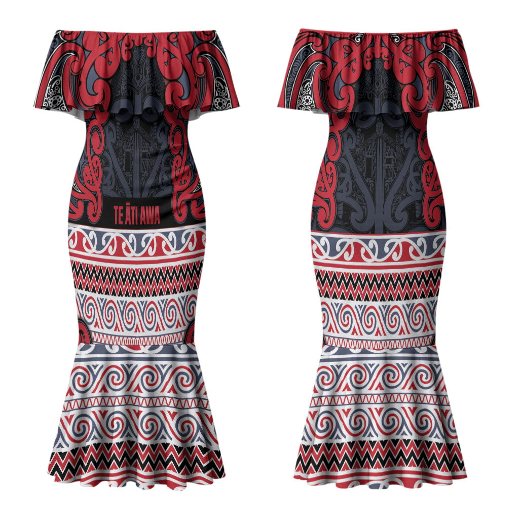 Aotearoa Iwi Te ati Awa Couples Matching Mermaid Dress and Long Sleeve Button Shirt Maori Wharenui House Tribal Pattern LT9 - Polynesian Pride