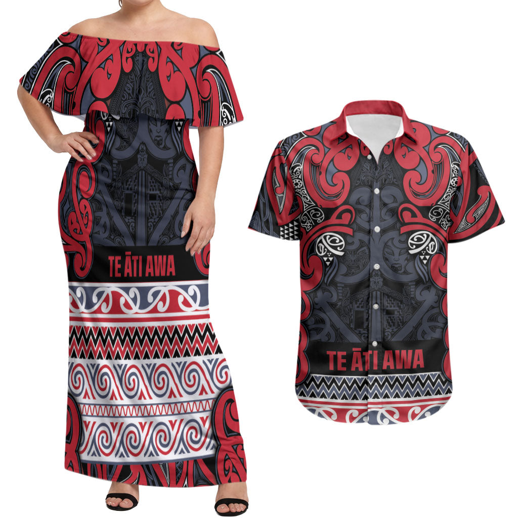Aotearoa Iwi Te ati Awa Couples Matching Off Shoulder Maxi Dress and Hawaiian Shirt Maori Wharenui House Tribal Pattern LT9 Bright Red - Polynesian Pride