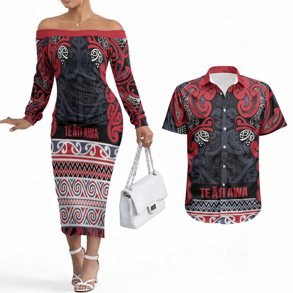 Aotearoa Iwi Te ati Awa Couples Matching Off The Shoulder Long Sleeve Dress and Hawaiian Shirt Maori Wharenui House Tribal Pattern LT9 Bright Red - Polynesian Pride