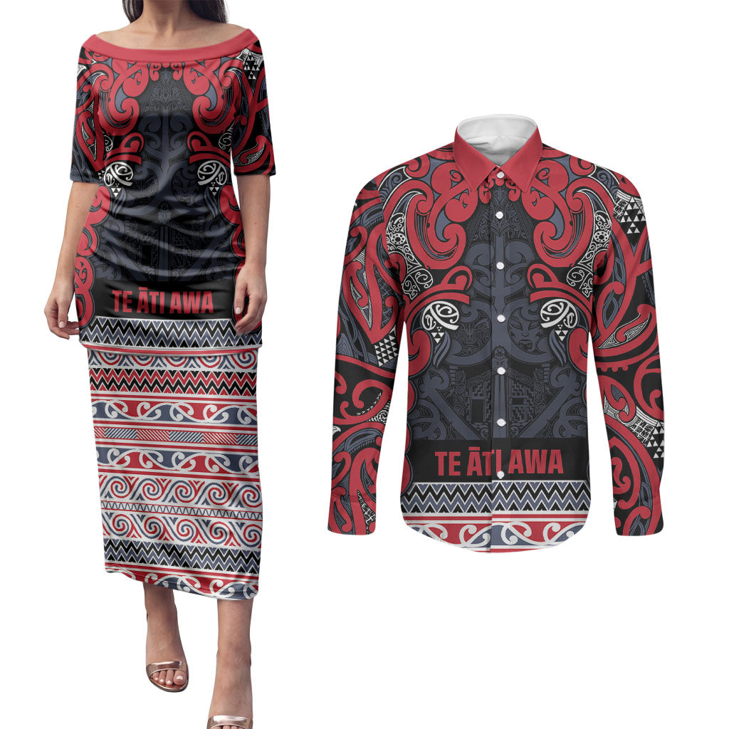 Aotearoa Iwi Te ati Awa Couples Matching Puletasi and Long Sleeve Button Shirt Maori Wharenui House Tribal Pattern LT9 Bright Red - Polynesian Pride
