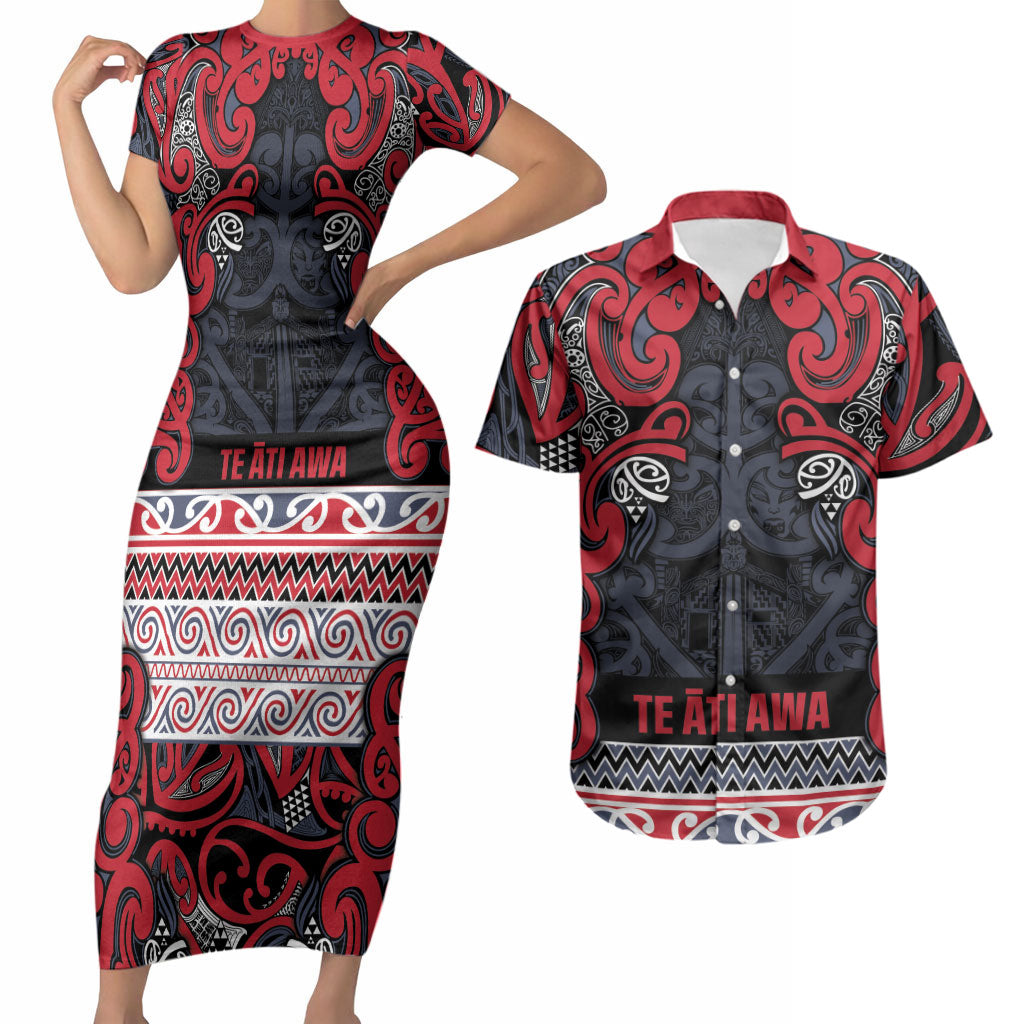 Aotearoa Iwi Te ati Awa Couples Matching Short Sleeve Bodycon Dress and Hawaiian Shirt Maori Wharenui House Tribal Pattern LT9 Bright Red - Polynesian Pride