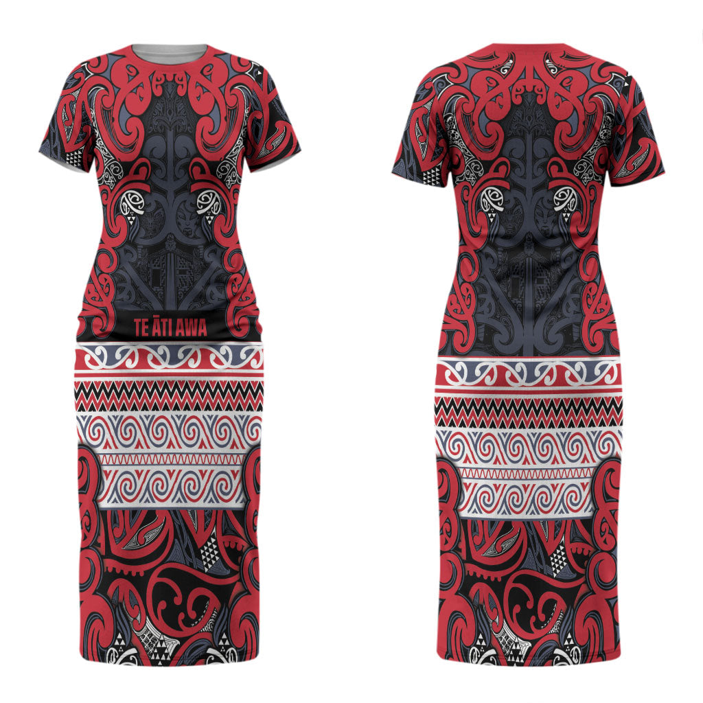 Aotearoa Iwi Te ati Awa Couples Matching Short Sleeve Bodycon Dress and Long Sleeve Button Shirt Maori Wharenui House Tribal Pattern LT9 - Polynesian Pride