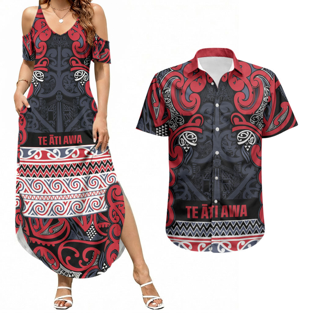 Aotearoa Iwi Te ati Awa Couples Matching Summer Maxi Dress and Hawaiian Shirt Maori Wharenui House Tribal Pattern LT9 Bright Red - Polynesian Pride