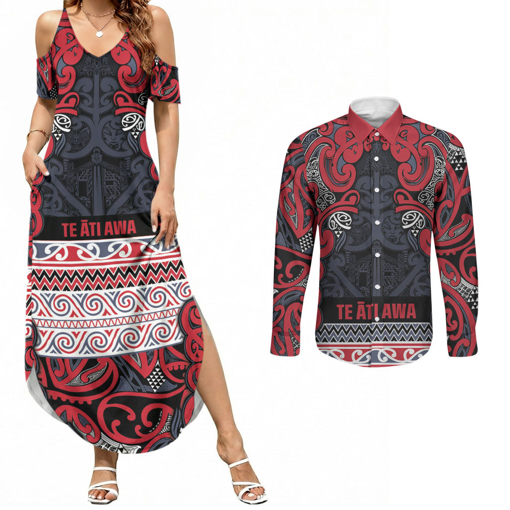 Aotearoa Iwi Te ati Awa Couples Matching Summer Maxi Dress and Long Sleeve Button Shirt Maori Wharenui House Tribal Pattern LT9 Bright Red - Polynesian Pride