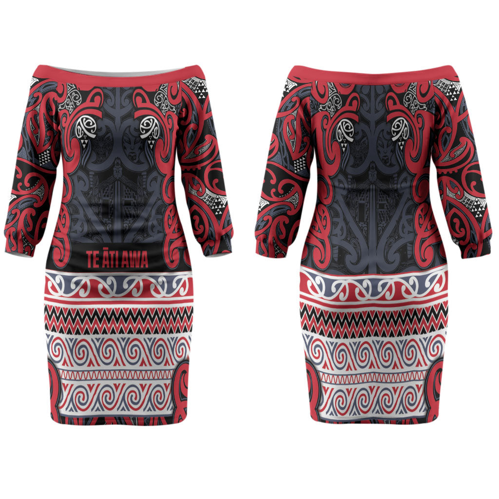 Aotearoa Iwi Te ati Awa Family Matching Off The Shoulder Long Sleeve Dress and Hawaiian Shirt Maori Wharenui House Tribal Pattern LT9 Mom's Dress Bright Red - Polynesian Pride