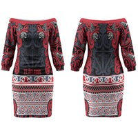 Aotearoa Iwi Te ati Awa Family Matching Off The Shoulder Long Sleeve Dress and Hawaiian Shirt Maori Wharenui House Tribal Pattern LT9 Mom's Dress Bright Red - Polynesian Pride