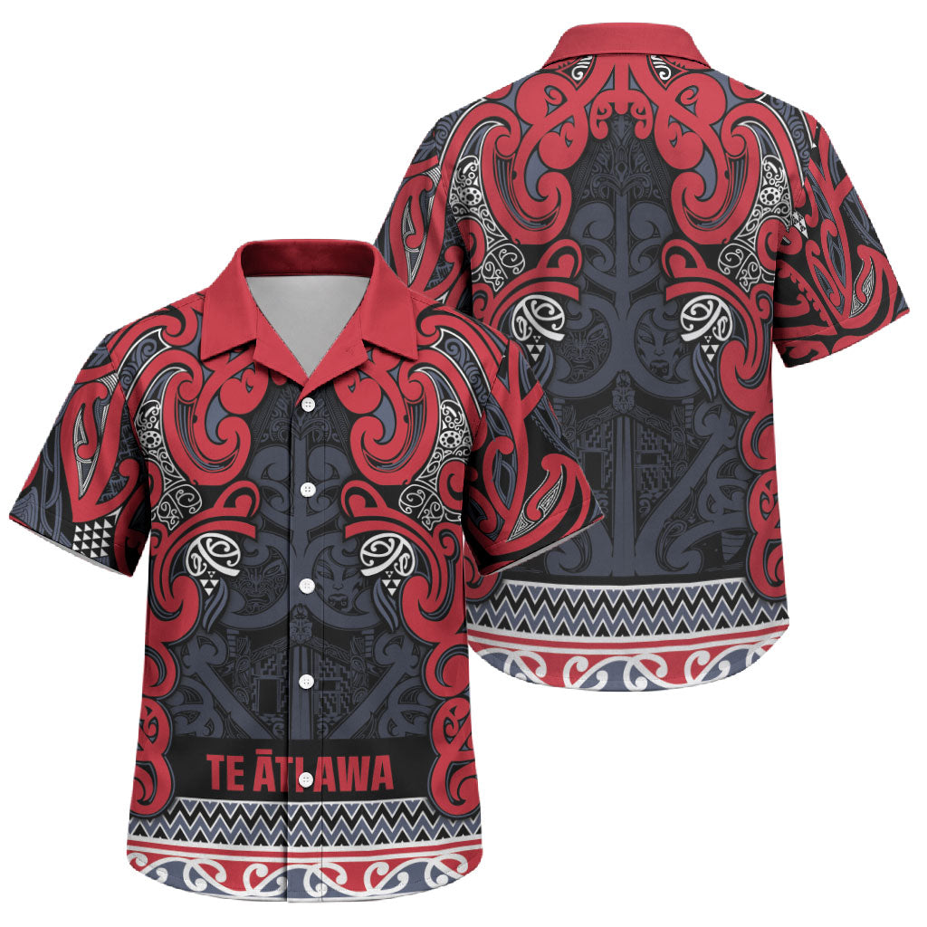 Aotearoa Iwi Te ati Awa Family Matching Off The Shoulder Long Sleeve Dress and Hawaiian Shirt Maori Wharenui House Tribal Pattern LT9 Son's Shirt Bright Red - Polynesian Pride