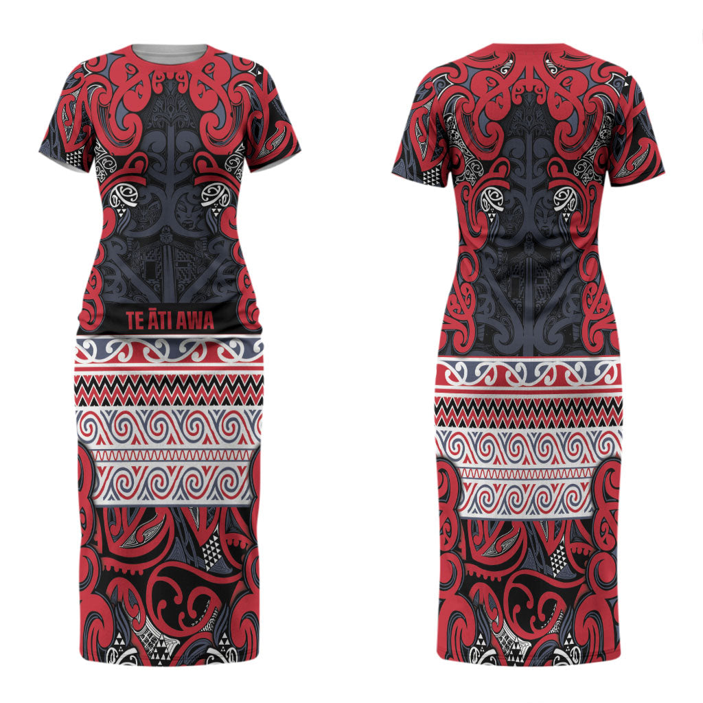Aotearoa Iwi Te ati Awa Family Matching Short Sleeve Bodycon Dress and Hawaiian Shirt Maori Wharenui House Tribal Pattern LT9 Mom's Dress Bright Red - Polynesian Pride