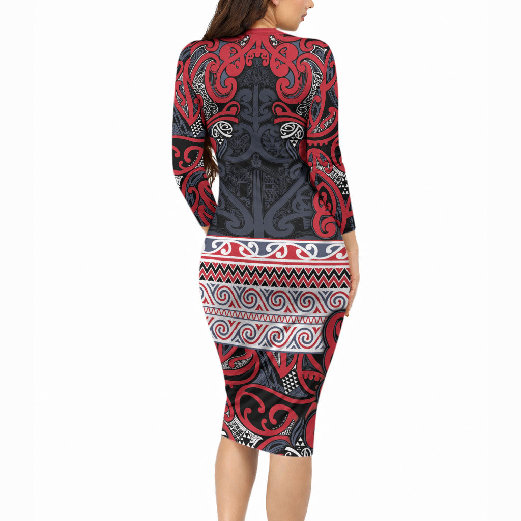 Aotearoa Iwi Te ati Awa Long Sleeve Bodycon Dress Maori Wharenui House Tribal Pattern LT9 - Polynesian Pride