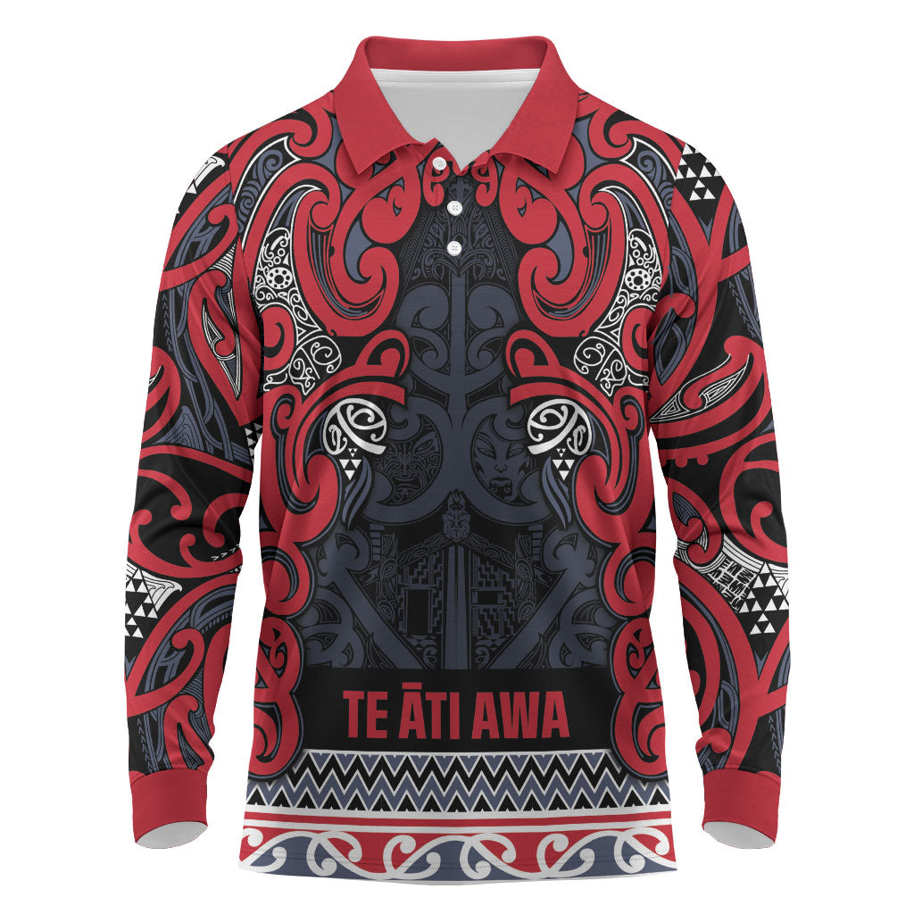 Aotearoa Iwi Te ati Awa Long Sleeve Polo Shirt Maori Wharenui House Tribal Pattern LT9 Bright Red - Polynesian Pride